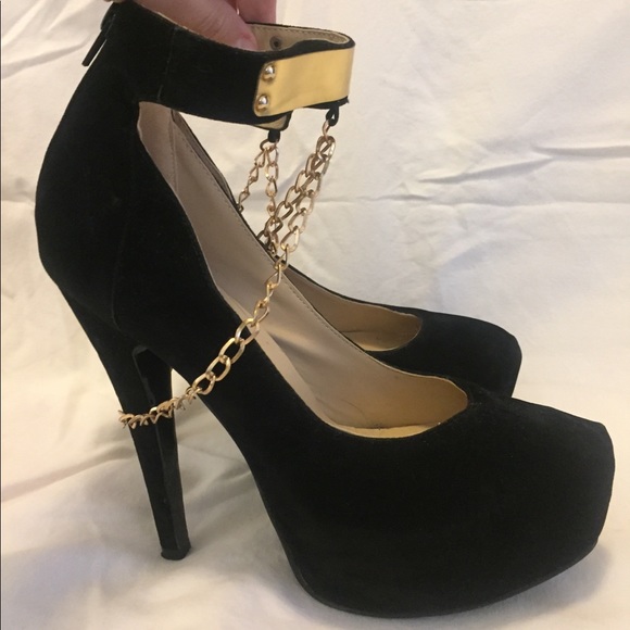 black and gold chain heels